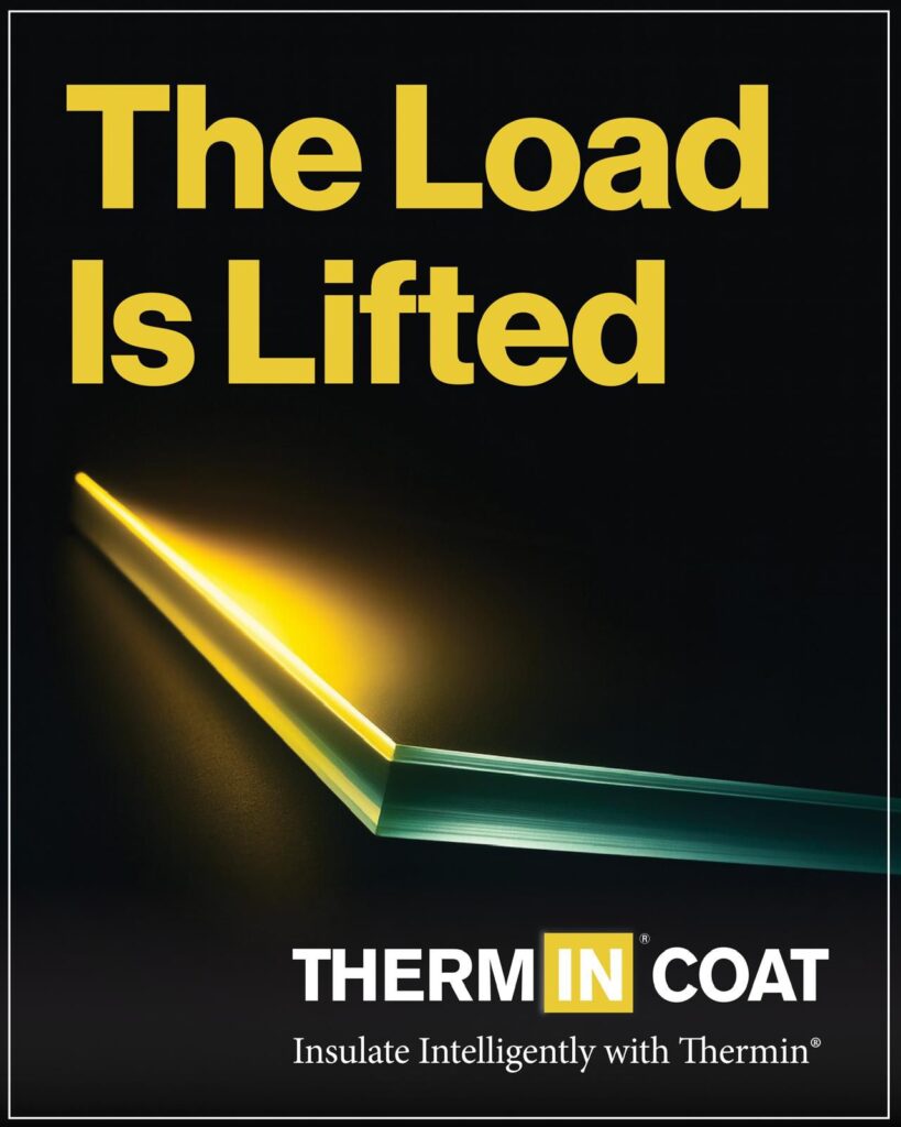 Alt text: "Advertisement for Therm IN Coat insulation. Text reads 'The load is lifted' with a glowing, thin panel graphic. Tagline: 'Insulate Intelligently with Thermin.'"
