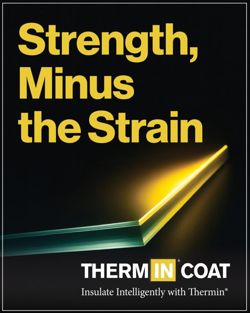 Alt text: "Advertisement for Therm IN Coat insulation. Text reads 'Strength minus the strain' with a glowing, thin panel graphic. Tagline: 'Insulate Intelligently with Thermin.'"